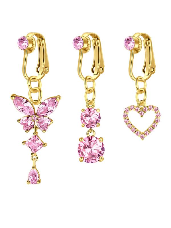 Fashionable Artificial Zircon Inlaid Butterfly & Hollow Out Heart Design Fake Belly Button Rings, New Fashion Body Jewelry for Women