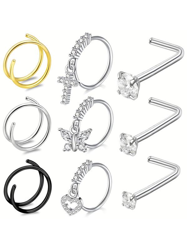 Fashionable Butterfly, Cross, Heart Design Rhinestone Decor Nose Rings, Casual L-shaped Stainless Steel Accessories for Women & Men, Spiral Nose Ring