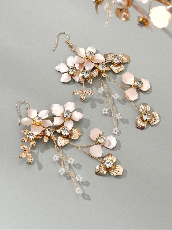 Women's Elegant Rhinestone & Faux Pearl Decorated Bridal Headwear, Exquisite Trendy Flower Design Headwear & Dangle Earrings, Chic Hair Accessories for Wedding Party