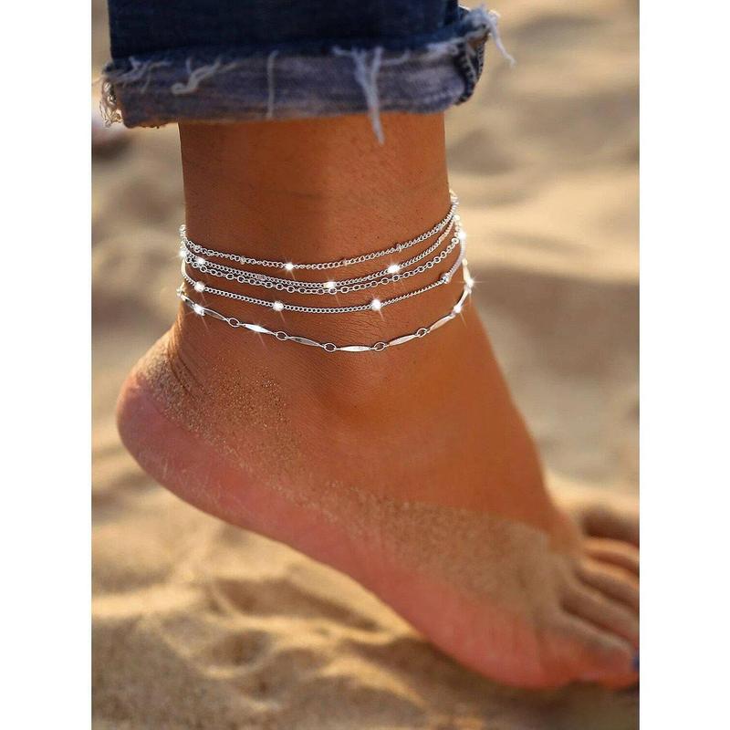 TEWIKY Waterproof Ankle Bracelets for Women Thiny Herringbone Box Paperclip Bead Figaro Cuban Link Anklet Set Dainty Jewelry for Women