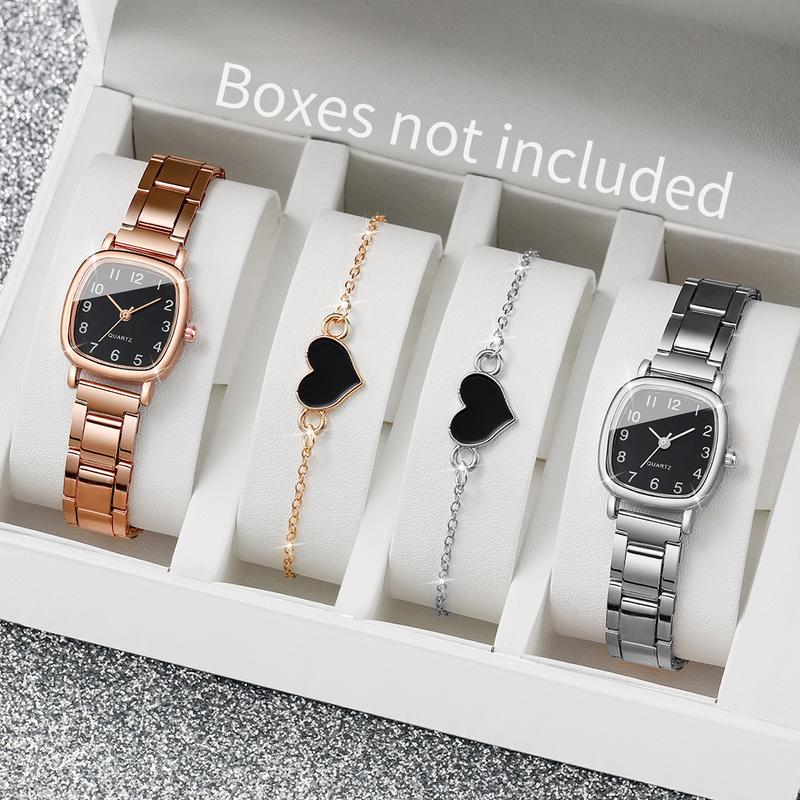 4PCS Set Women's Fashion Watch Classic Square Dial Unisex Quartz Watch Set with Heart Bracelet Set