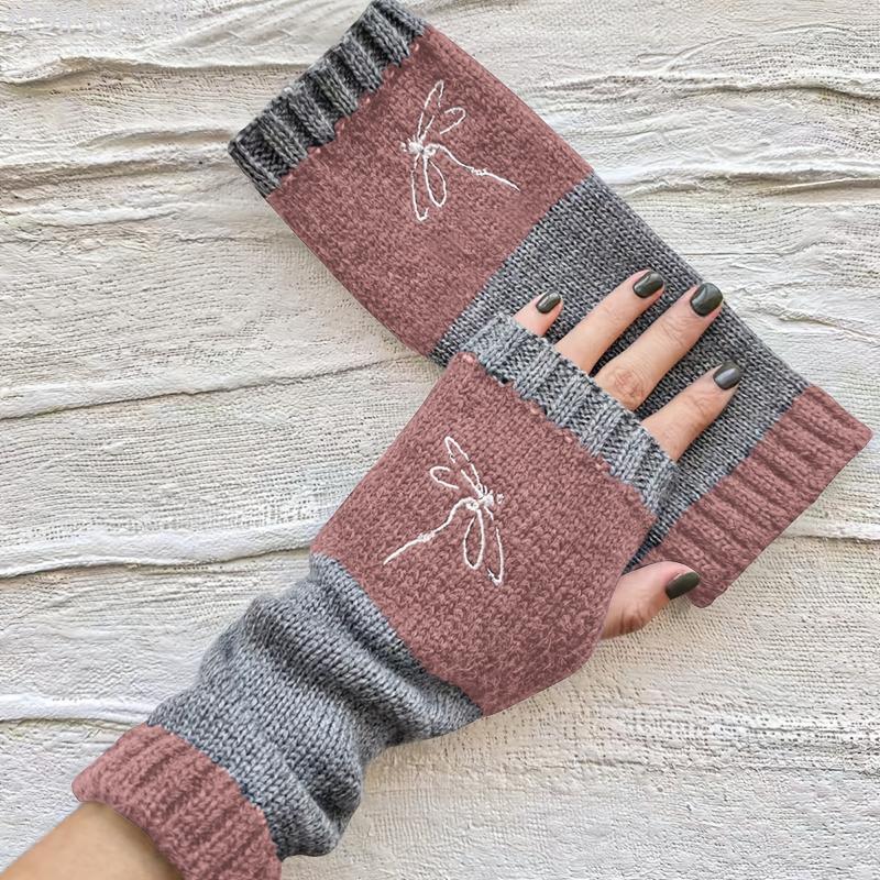 Elastic Knit Mittens for Women with Dragonfly Embroidery - Touchscreen-Compatible, Warm Fingerless Gloves for Going Out, Machine Washable