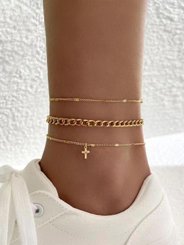 3pcs set Women's Elegant Trendy Chain Anklet, Multilayer Cross Pendant Anklet, Fashionable Anklet for Daily & Party Decoration