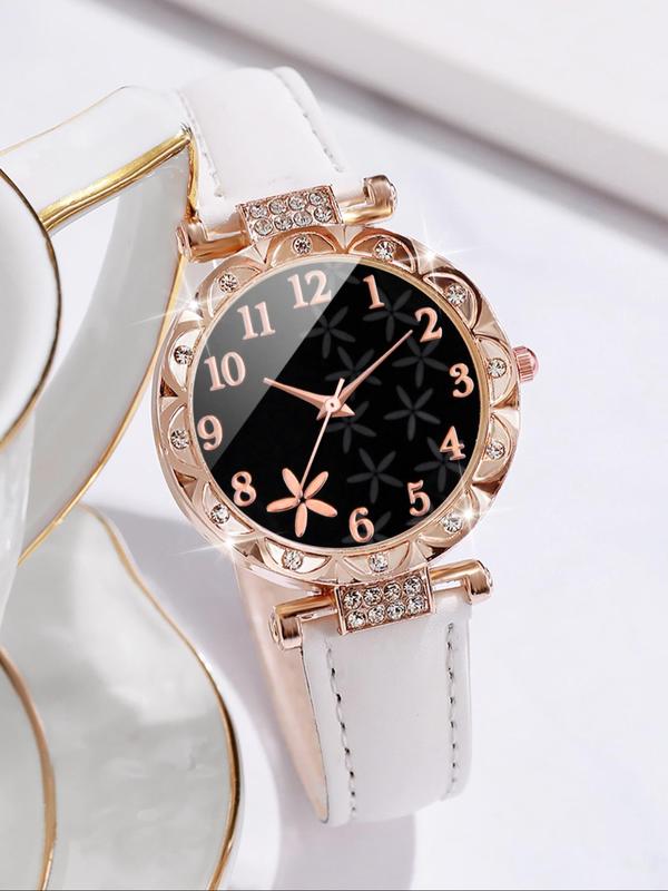 Women's Elegant Fashion Rhinestone Decorated Round Dial Quartz Watch, with Flower Design Bracelet Set, without Box, Exquisite Watch Set for Women & Girls