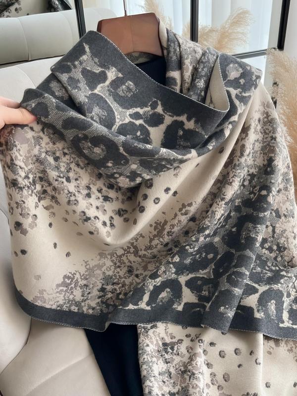 Women's Leopard Print Fringe Trim Shawl, Casual Soft Warm Long Scarf for Fall & Winter, Fashion Clothes Accessories for Women & Girls