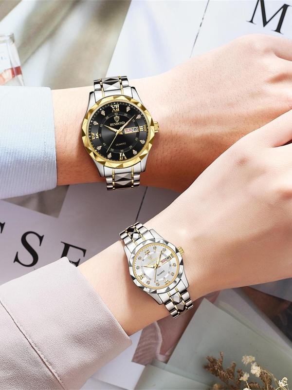 Couple Watch, Fashion Waterproof Round Dial Analog Quartz Watch with Date & Week Display Function, Trendy Watch for Women & Men As Gift with Box