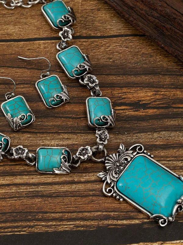 Boho Style Turquoise Texture Decorated Jewelry Set, Vintage Necklace and Dangle Earrings, Fashion Accessories for Women & Girls