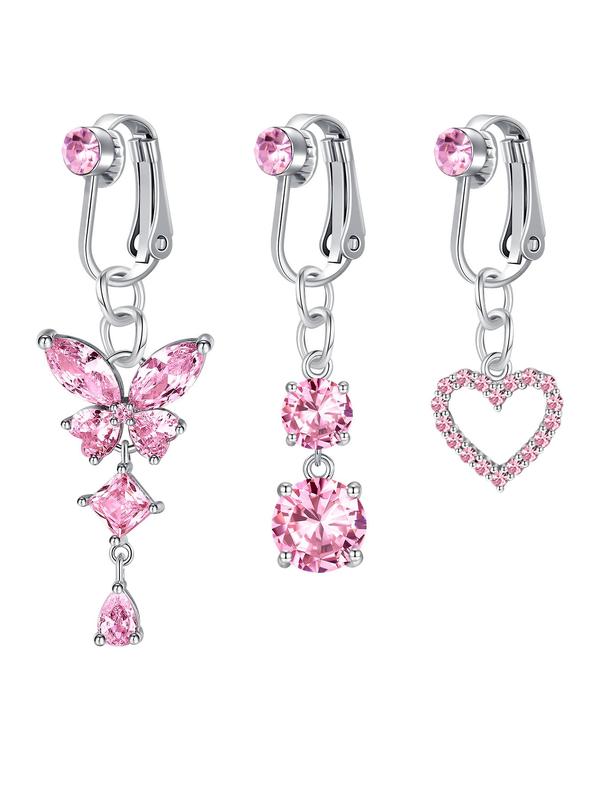 Fashionable Artificial Zircon Inlaid Butterfly & Hollow Out Heart Design Fake Belly Button Rings, New Fashion Body Jewelry for Women