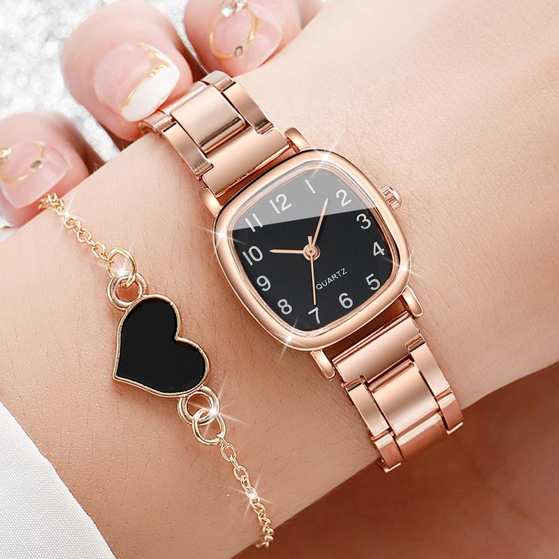 4PCS Set Women's Fashion Watch Classic Square Dial Unisex Quartz Watch Set with Heart Bracelet Set