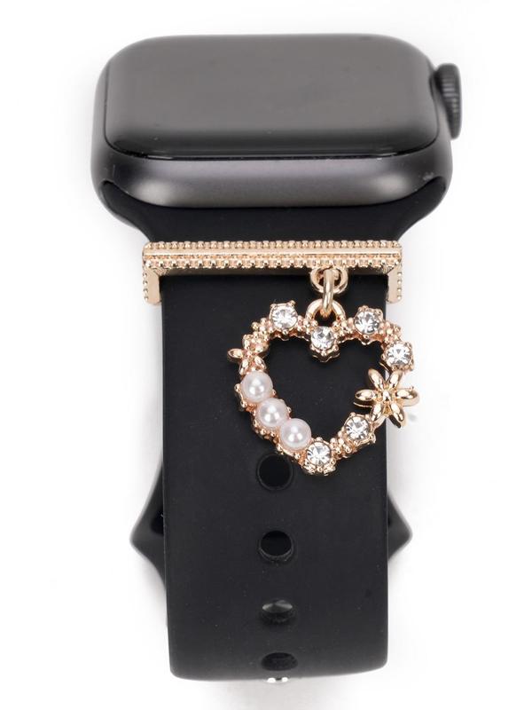 Creative Faux Pearl & Flower & Rhinestone Decor Heart Charm Watch Band Decorative Ring, Trendy Exquisite Watch Strap Accessories for Women & Girls