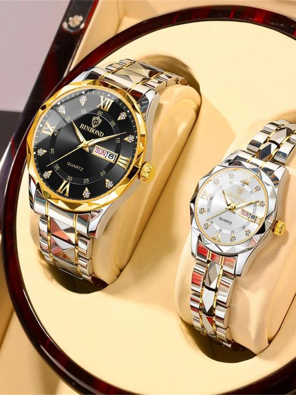 Couple Watch, Fashion Waterproof Round Dial Analog Quartz Watch with Date & Week Display Function, Trendy Watch for Women & Men As Gift with Box