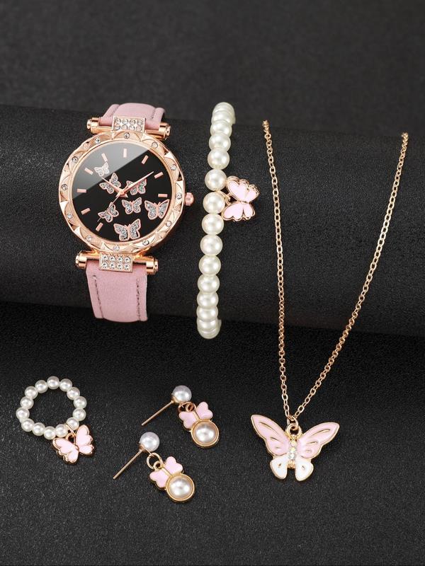 Women's Rhinestone Watch & Jewelry Set, Including Quartz Watch, Butterfly Necklace, Faux Pearl Decor Bracelet, Ring, and Earrings, Exquisite Elegant Watch