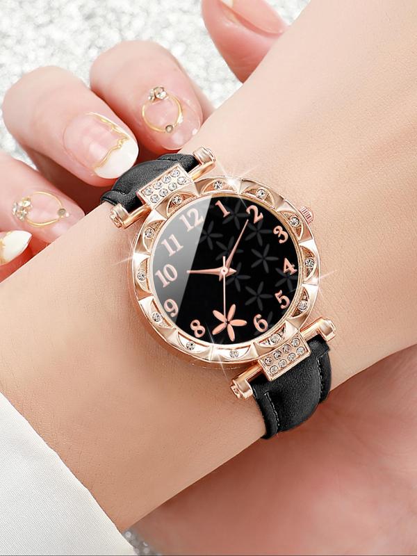 Women's Elegant Fashion Rhinestone Decorated Round Dial Quartz Watch, with Flower Design Bracelet Set, without Box, Exquisite Watch Set for Women & Girls