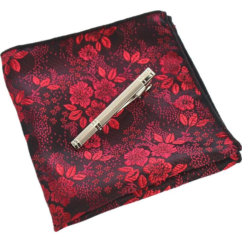 Floral Necktie and Pocket Square Tie Clip Sets for Men