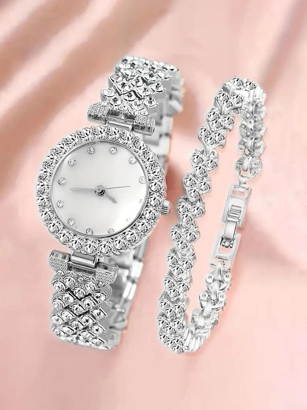 Women's Elegant Rhinestone Decorated Watch & Bracelet, Exquisite Trendy Wristwatch & Bracelet, Fashionable Watch Set As Gift for Women