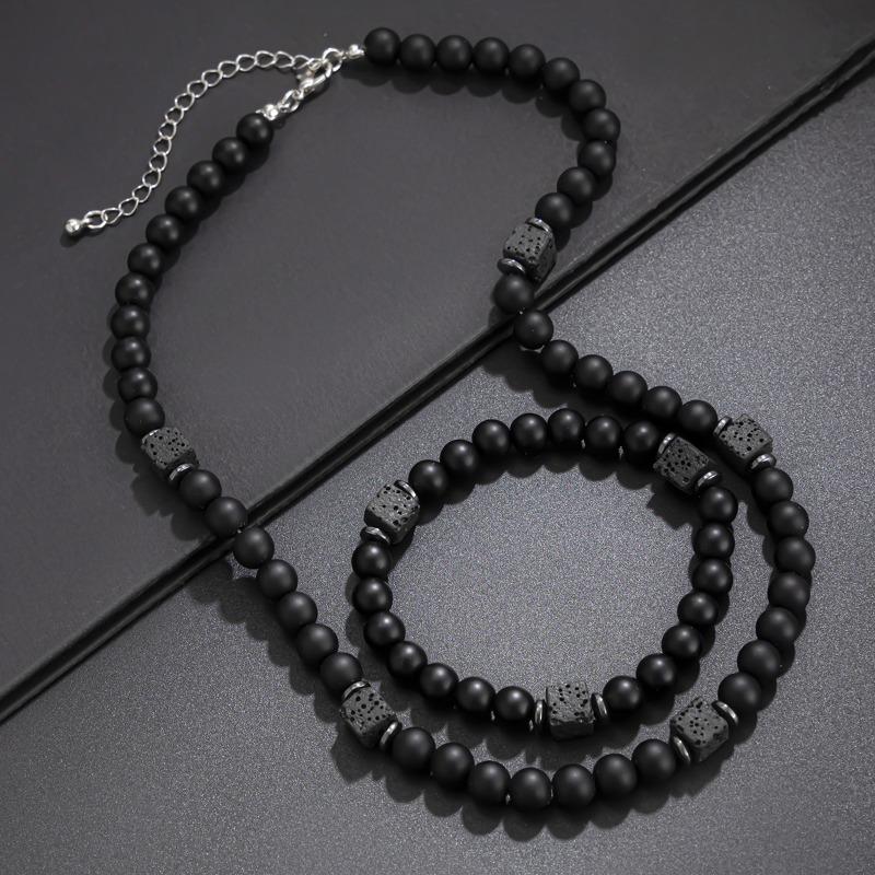 Men's Vintage Volcanic Stone Jewelry 2-Piece Set - Hip Hop Beaded Necklace and Bracelet, Very Fashionable and Versatile