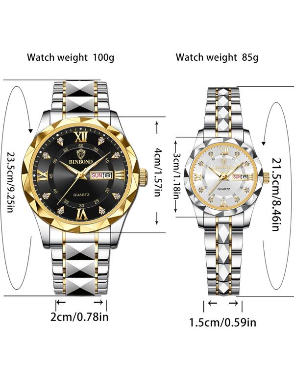 Couple Watch, Fashion Waterproof Round Dial Analog Quartz Watch with Date & Week Display Function, Trendy Watch for Women & Men As Gift with Box