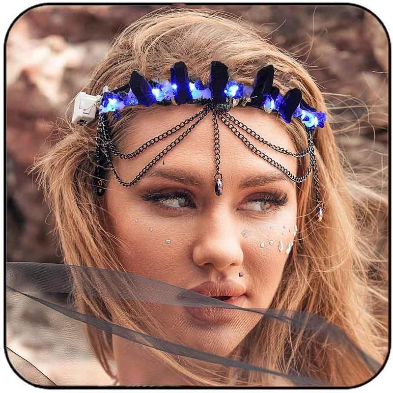 Light Up Raw Quartz Headband Black Crystal Crown Headpiece Costune Hair Accessories for Women