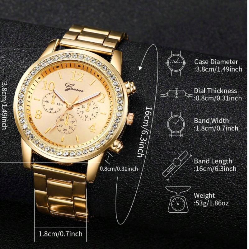 Women's Steel Strap Fashion Watch Set with Rhinestone Inlaid Three-Eye Chronograph Quartz Watch Dial (2pcs Set) - Perfect Gift for Students Returning to School