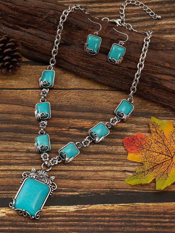 Boho Style Turquoise Texture Decorated Jewelry Set, Vintage Necklace and Dangle Earrings, Fashion Accessories for Women & Girls