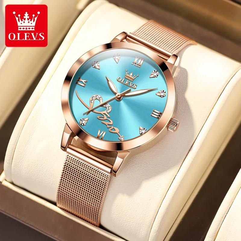 OLEVS Red Love Women's Watches Luxury Elegant Stainless Steel Mesh Belt Waterproof Quartz Wrist watch for Ladies Christmas Gift