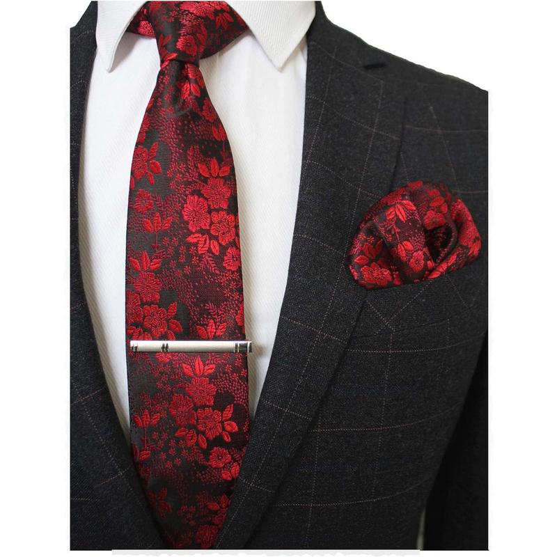 Floral Necktie and Pocket Square Tie Clip Sets for Men