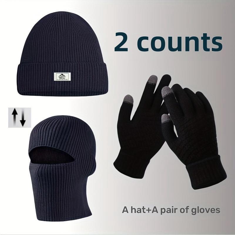 Men's Two-Ways-Of -Wearing Beanie Hat & Gloves Set, 1 Count Windproof Hat & 1 Pair Of Gloves, Outdoor Sports Hat & Gloves for Fall & Winter.