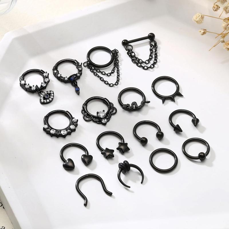 Fansilver 16 count 16G Septum Rings for Women Men Septum Jewelry Horseshoe Clicker Dangle Nose Rings Hoops Surgical Steel Helix Cartilage Hoop Earrings Tragus Daith Septum Nose Piercing Jewelry 8MM