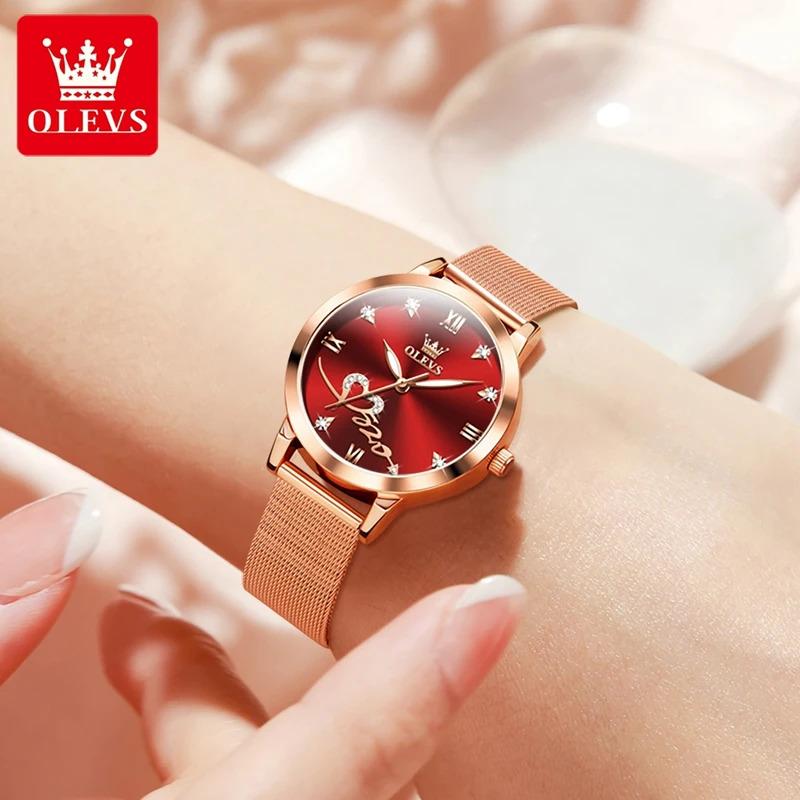 OLEVS Red Love Women's Watches Luxury Elegant Stainless Steel Mesh Belt Waterproof Quartz Wrist watch for Ladies Christmas Gift