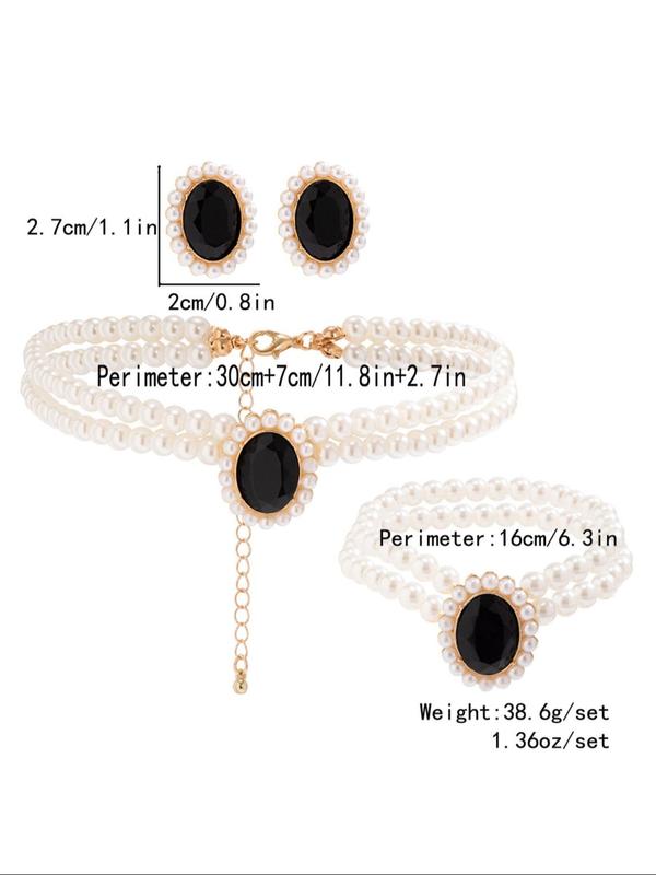 Women's Elegant Faux Pearl Decor Jewelry Set, 4pcs set Exquisite Trendy Beaded Bracelet & Syud Earrings & Layered Necklace, Chic Jewelry Set As Gift