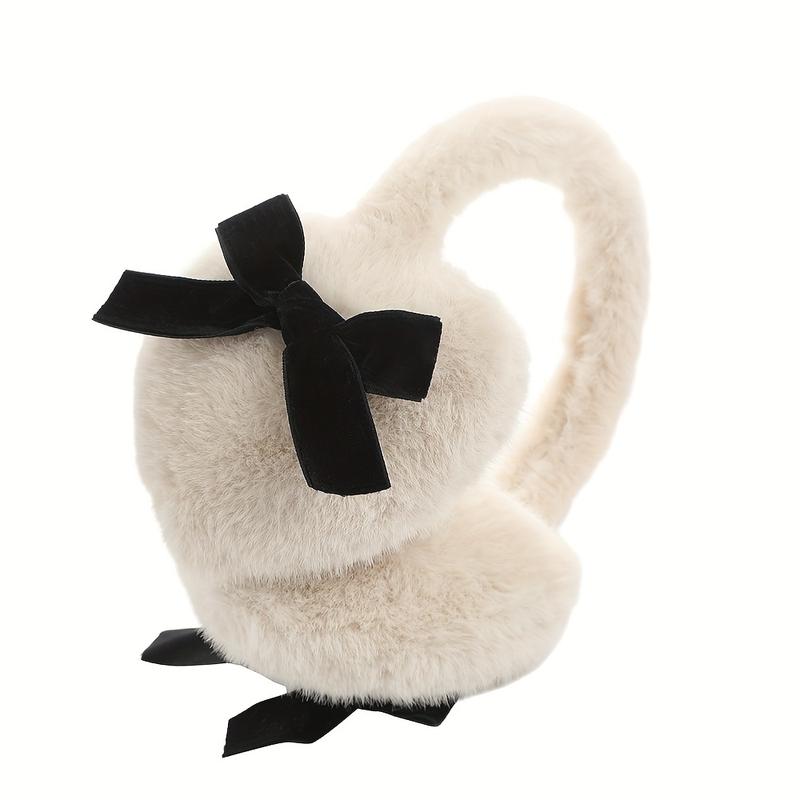 Fashion Women's Plush Heart-Shaped Earmuffs with Black Bow-Warm and Comfortable in Winter