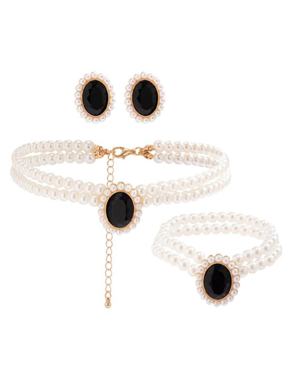 Women's Elegant Faux Pearl Decor Jewelry Set, 4pcs set Exquisite Trendy Beaded Bracelet & Syud Earrings & Layered Necklace, Chic Jewelry Set As Gift