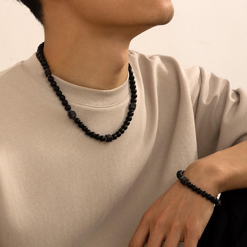 Men's Vintage Volcanic Stone Jewelry 2-Piece Set - Hip Hop Beaded Necklace and Bracelet, Very Fashionable and Versatile