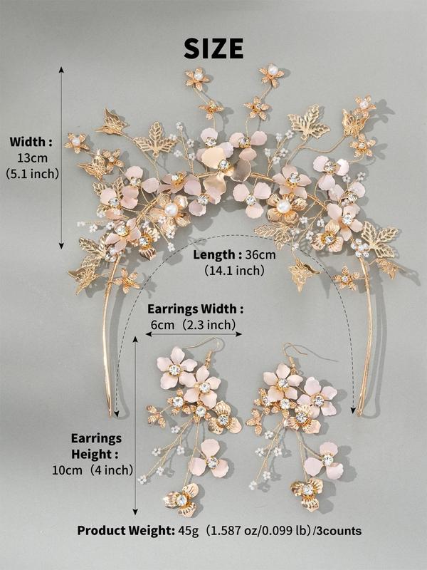 Women's Elegant Rhinestone & Faux Pearl Decorated Bridal Headwear, Exquisite Trendy Flower Design Headwear & Dangle Earrings, Chic Hair Accessories for Wedding Party