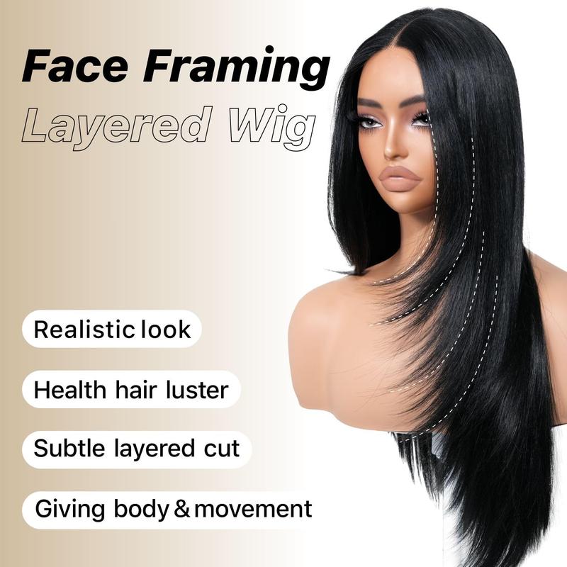 OurWigs Wear and Go Glueless Wigs Pre Plucked Pre Cut for Beginners Long Layered Straight Synthetic Lace Front Wigs with bangs 26 Inch 3 Seconds to Wear for Beginners