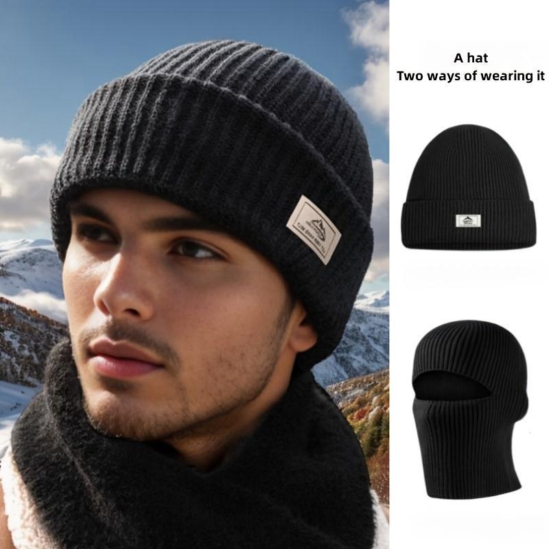 Men's Two-Ways-Of -Wearing Beanie Hat & Gloves Set, 1 Count Windproof Hat & 1 Pair Of Gloves, Outdoor Sports Hat & Gloves for Fall & Winter.