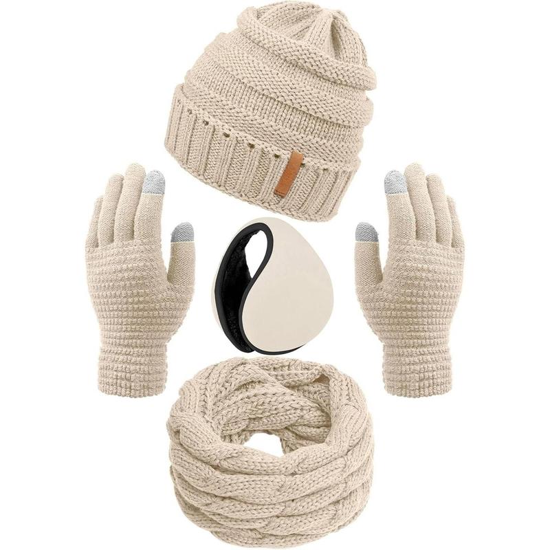 Winter Warm Sets Knitted Scarf Beanie Hat Touch Screen Gloves and Winter Ear Warmer Hats for Women or Men