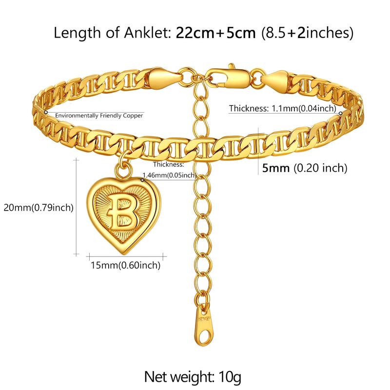 U7 Initial Pendant Anklet Heart Pendant Mariner Chain Figaro Chain Stu-Link Chain Anklet Ankle Bracelet Letter Pendant Golden Anklet Waterproof Summer Beach Jewelry for Women