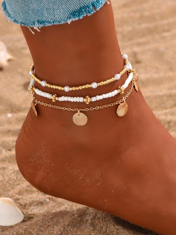 Fashion Beaded & Shell Design Anklets for Women & Girls, New Fashion Jewelry for Party, Daily Clothing Decor, Trendy All-match & Exquisite Jewelry for Birthday Gift