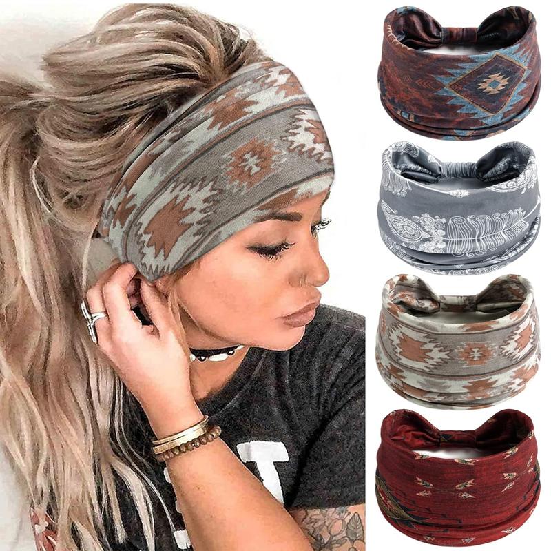 Boho Headbands for Women Vintage Elastic Fabric Printed Hair Bands Workout Wide Knot Sweatbands Soft Cotton Headwraps Yoga Running Hair Accessories for Women Girls 4 count