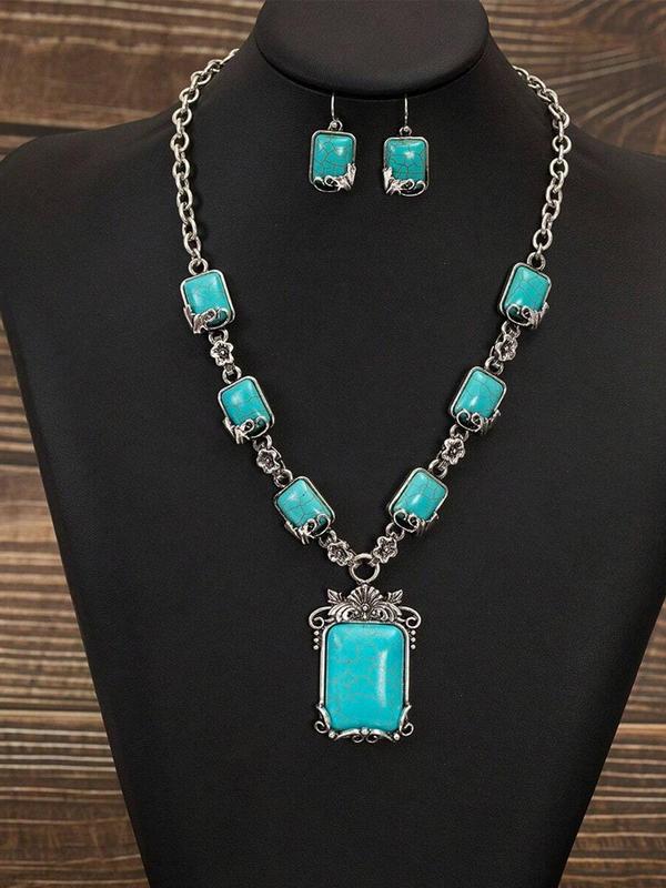 Boho Style Turquoise Texture Decorated Jewelry Set, Vintage Necklace and Dangle Earrings, Fashion Accessories for Women & Girls