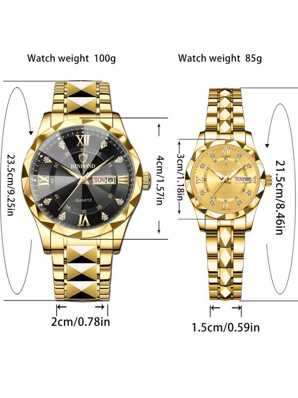 Couple Watch, Fashion Waterproof Round Dial Analog Quartz Watch with Date & Week Display Function, Trendy Watch for Women & Men As Gift with Box