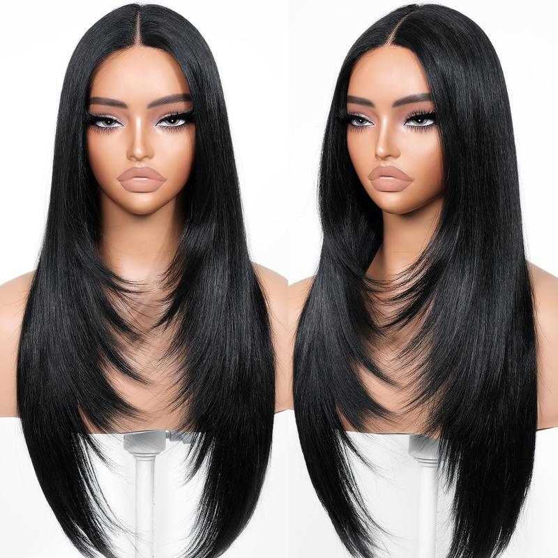 OurWigs Wear and Go Glueless Wigs Pre Plucked Pre Cut for Beginners Long Layered Straight Synthetic Lace Front Wigs with bangs 26 Inch 3 Seconds to Wear for Beginners