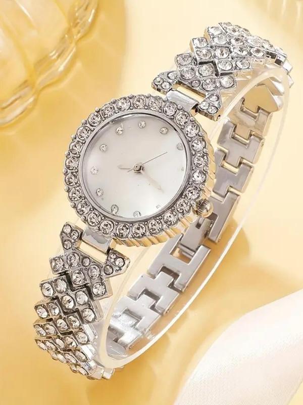 Women's Elegant Rhinestone Decorated Watch & Bracelet, Exquisite Trendy Wristwatch & Bracelet, Fashionable Watch Set As Gift for Women