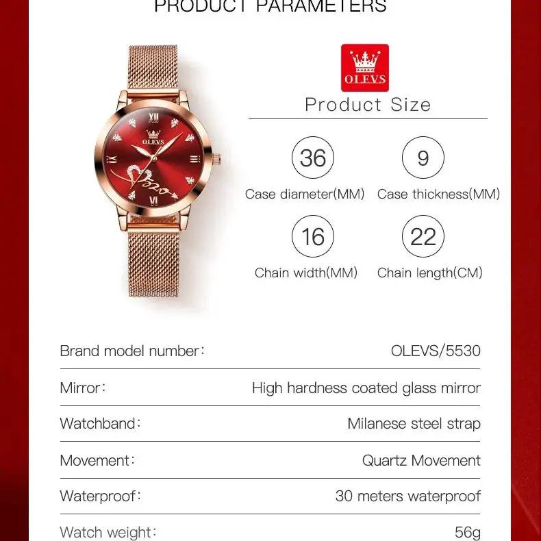 OLEVS Red Love Women's Watches Luxury Elegant Stainless Steel Mesh Belt Waterproof Quartz Wrist watch for Ladies Christmas Gift