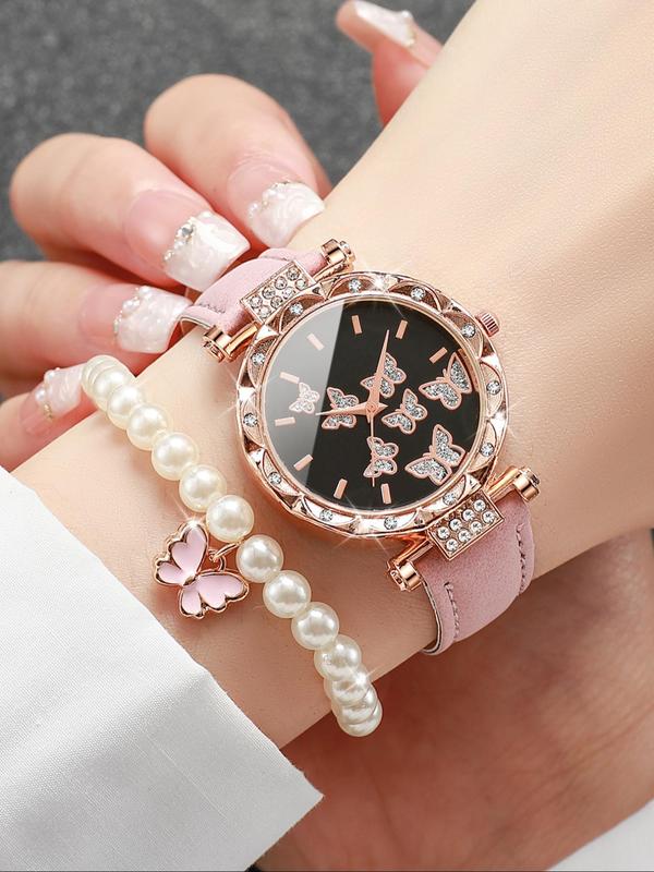 Women's Rhinestone Watch & Jewelry Set, Including Quartz Watch, Butterfly Necklace, Faux Pearl Decor Bracelet, Ring, and Earrings, Exquisite Elegant Watch