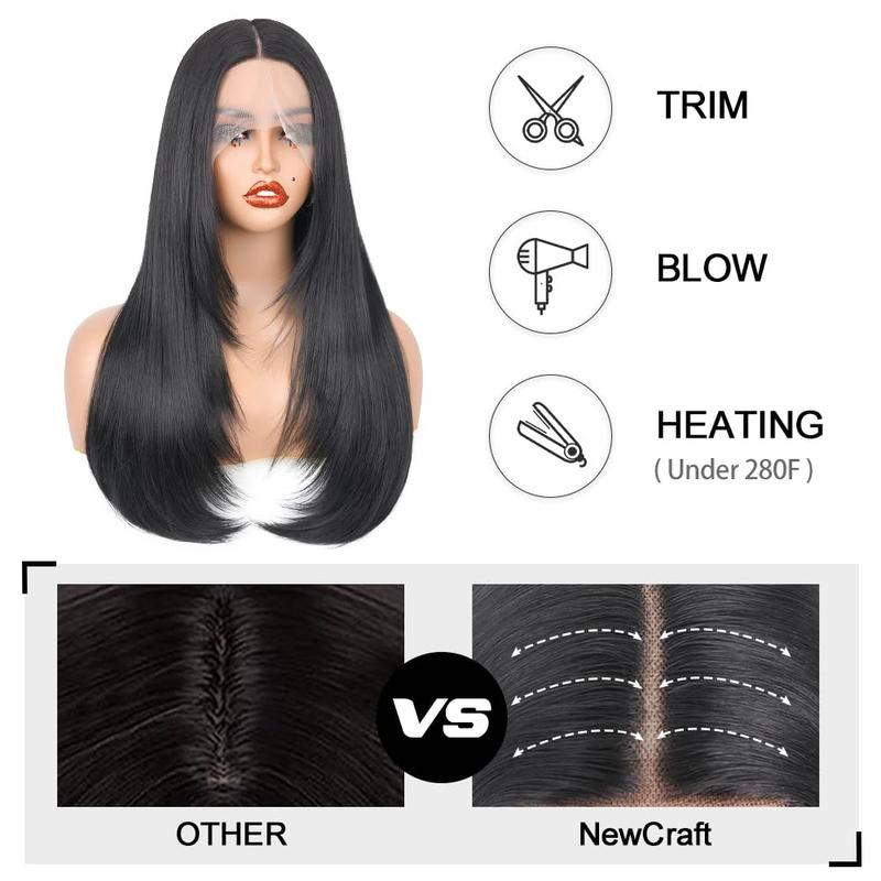 OurWigs Wear and Go Glueless Wigs Pre Plucked Pre Cut for Beginners Long Layered Straight Synthetic Lace Front Wigs with bangs 26 Inch 3 Seconds to Wear for Beginners