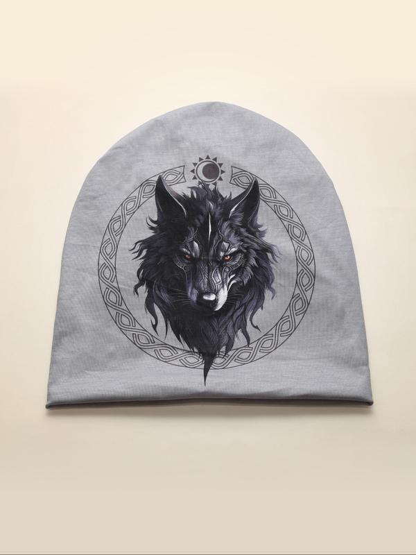 Viking Norse Mythology Wolf Pattern Beanie Hat, Casual Outdoor Cycling Hiking Sports Hat for Men & Women, Fashion Accessories for Fall & Winter