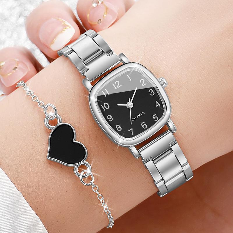 4PCS Set Women's Fashion Watch Classic Square Dial Unisex Quartz Watch Set with Heart Bracelet Set