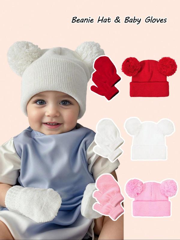 Cute Bear Ear Design Beanie Hat &  Mittens Gloves  Set, Solid Color Double Pom-pom Knitted Hat, Warm & Breathable Acrylic Beanie Hats for Autumn winter Daily Wear